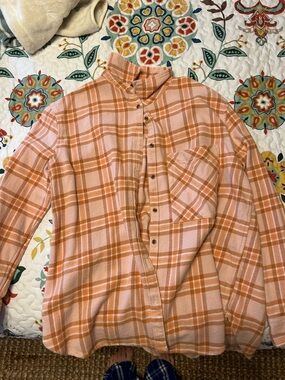 aerie Plaid Button-Down Shirt Jacket in Pink and Orange
